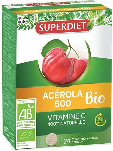 SuperDiet Acerola 500 Bio 24 Comprimés à Croquer | Forme - Tonus