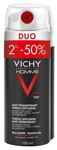 Vichy Homme Déodorant Anti-Transpirant Triple Diffusion Spray 2x150ml (2ème produit à - 50%) | Déodorants