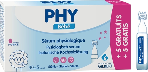 PHY Sérum Physiologique 0,9% 40 x 5ml (+ 5 fioles gratuites) | Yeux