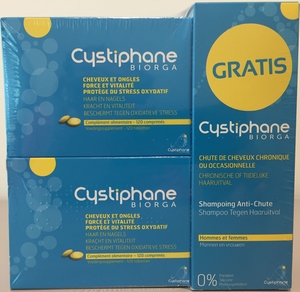 Cystiphane Biorga 2 x 120 Comprimés (avec shampooing anti-chute 200ml gratis)