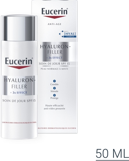 Eucerin Hyaluron-Filler +3x Effect Soin de Jour SPF 15 Peau Normale à Mixte Crème Anti-Rides &amp; Anti-Âge avec pompe 50ml | Antirides - Anti-âge