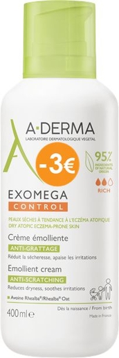 A-Derma Exomega Control Crème Emolliente Anti-grattage 400ml (Promo -3€) | Peaux atopiques