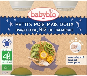 Babybio Petits Pots Soir Petits Pois Maïs Doux Riz +6Mois 2x200g