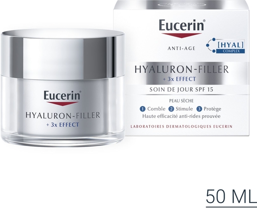 Eucerin Hyaluron-Filler +3x Effect Soin de Jour SPF 15 Peau Sèche Crème Anti-Rides &amp; Anti-Âge Pot 50ml | Antirides - Anti-âge