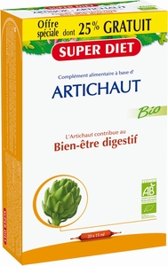 SuperDiet Artichaut Bio Digestif 20 Ampoules x 15ml (25% gratuit)