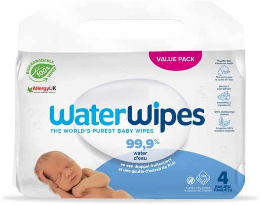 WaterWipes Lingettes Bébé Biodégradable 4 x 60 pièces | Change - Lingettes - Liniment