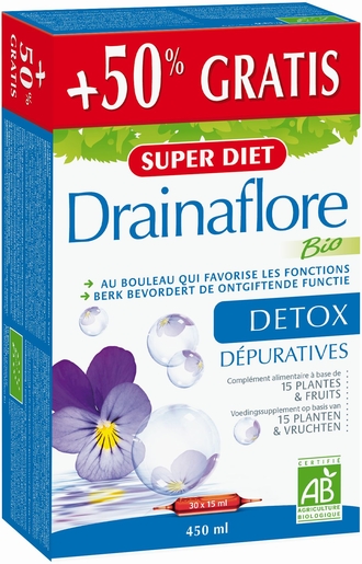 SuperDiet Drainaflore Bio 30 Ampoules x 15ml (plus 50% gratis) | Dépuratif - Détoxifiant