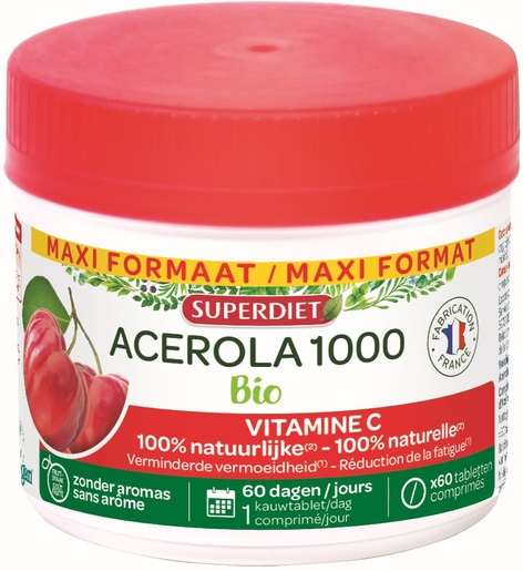 SuperDiet Acerola 1000 Bio Maxi Format 60 Comprimés | Vitamines