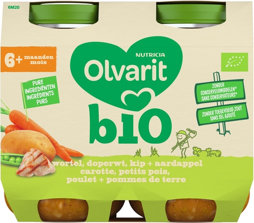 Olvarit Bio Wortel + Erwtjes + Kip + Aardappel 6+ Maanden 2x200 g | Voeding