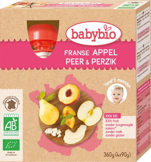 Babybio Fruitpap Appel Peer Perzik +6 Maanden 4x90 g | Voeding