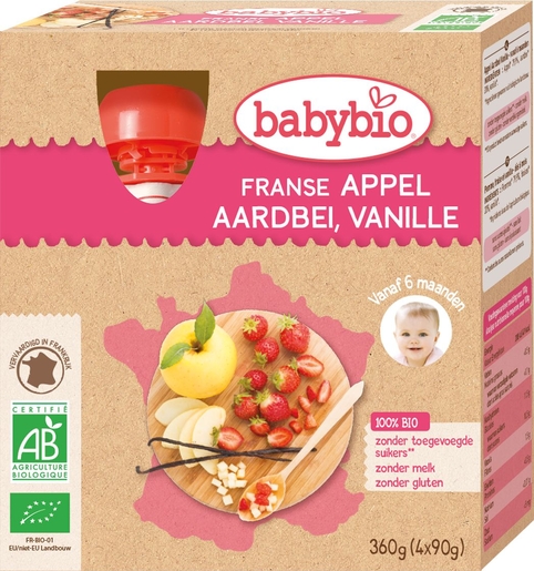 Babybio Fruitpap Appel Aardbei Vanille +6 Maanden 4x90 g | Voeding
