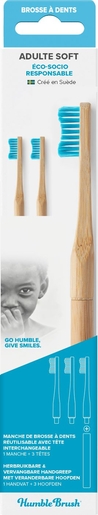 Humble Brush Brosse à Dents En Bambou Adulte Bleu Soft + 3 Têtes Interchangeables | Brosse à dent
