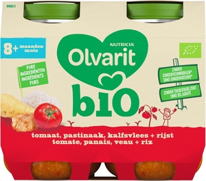 Olvarit Bio Tomaat + Pastinaak + Kalfsvlees + Rijst 8+ Maanden 2x200 g